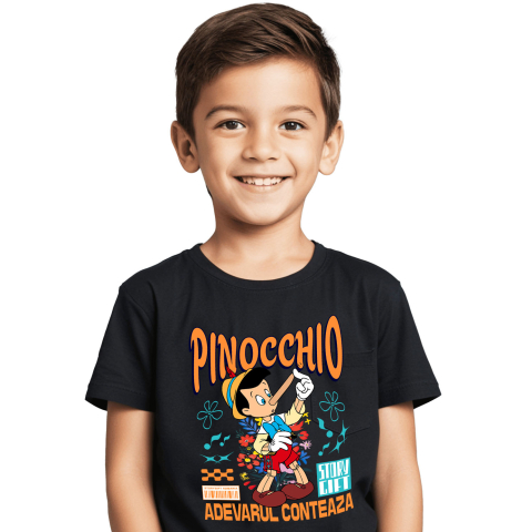Tricou Copii cu Pinocchio - Nasul lui, misterul care il uimeste 100% Bumbac, Negru, 12 Ani [1]
