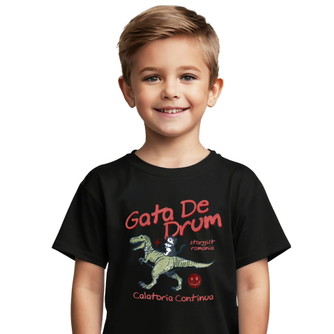 Tricou Femei, Barbati, Copii, Fata, Baiat, Unisex Personalizat Pisică Călare T-rex - Jucărie cu Dinozaur pentru Copii, Călătorie Continuă [1]