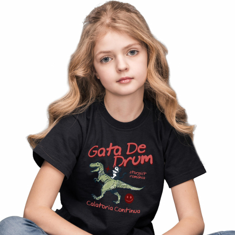 BASME - Tricou Femei, Barbati, Copii, Fata, Baiat, Unisex Personalizat Pisică Călare T-rex - Jucărie cu Dinozaur pentru Copii, Călătorie Continuă