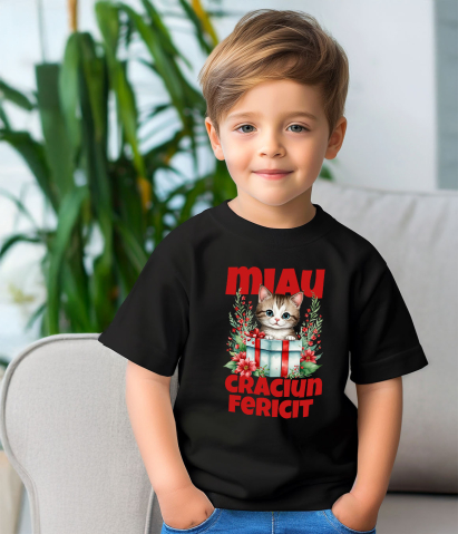 Tricou Femei, Barbati, Copii, Fata, Baiat, Unisex Personalizat Pisica în Cutie de Cadou – Miau Crăciun Fericit și Flori Colorate pentru Iubitorii de Pisici [3]