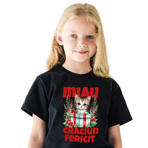 Tricou Femei, Barbati, Copii, Fata, Baiat, Unisex Personalizat Pisica în Cutie de Cadou – Miau Crăciun Fericit și Flori Colorate pentru Iubitorii de Pisici