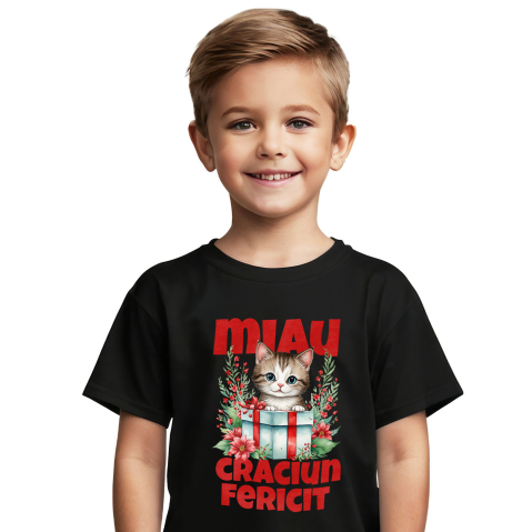Tricou Femei, Barbati, Copii, Fata, Baiat, Unisex Personalizat Pisica în Cutie de Cadou – Miau Crăciun Fericit și Flori Colorate pentru Iubitorii de Pisici [1]