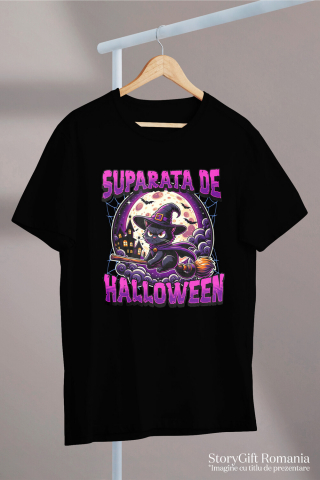 Tricou Femei, Barbati, Copii, Fata, Baiat, Unisex Personalizat Pisica pe Mătura cu Pălărie de Vrăjitoare pentru Halloween | Pisică Supărată de Halloween [2]