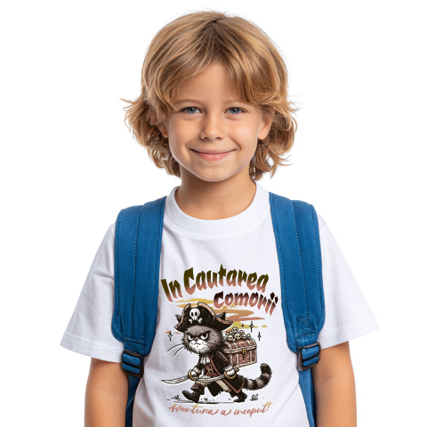 Tricou Femei, Barbati, Copii, Fata, Baiat, Unisex Personalizat "Pisica Pirat cu Pălărie și Cufăr Cranii - Aventură cu Comori pentru Copii" [1]