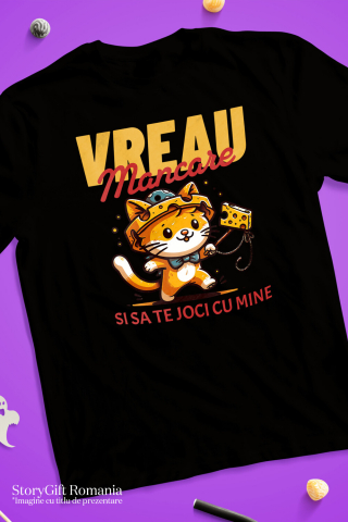 Tricou Femei, Barbati, Copii, Fata, Baiat, Unisex Personalizat Pisica Portocalie Jucăușă „Vreau Mâncare și Să Te Joi Cu Mine” – Cadou Amuzant Pentru Iubitorii De Pisici [2]