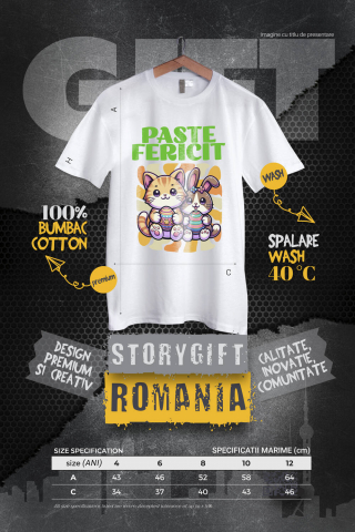 Tricou Femei, Barbati, Copii, Fata, Baiat, Unisex Personalizat "Pisica Portocalie și Iepure Cu Ouă Colorate - Paște Fericit" [3]