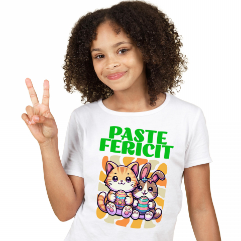 Tricou Femei, Barbati, Copii, Fata, Baiat, Unisex Personalizat "Pisica Portocalie și Iepure Cu Ouă Colorate - Paște Fericit" [1]