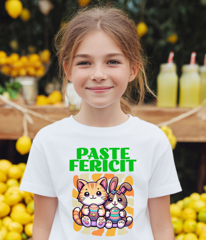 Tricou Femei, Barbati, Copii, Fata, Baiat, Unisex Personalizat "Pisica Portocalie și Iepure Cu Ouă Colorate - Paște Fericit" [2]