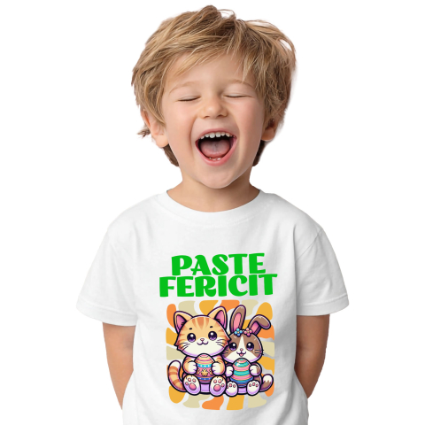 Tricou Femei, Barbati, Copii, Fata, Baiat, Unisex Personalizat "Pisica Portocalie și Iepure Cu Ouă Colorate - Paște Fericit" [1]