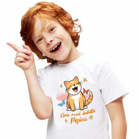 PISICI - Tricou Femei, Barbati, Copii, Fata, Baiat, Unisex Personalizat Pisica Portocalie Veselă „Cea Mai Iubită Pisică” – Cadou Amuzant Pentru Iubitorii De Pisici