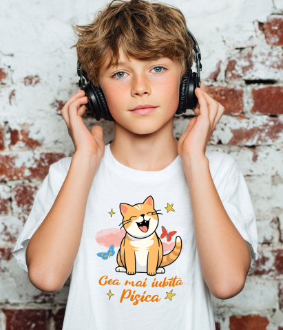 Tricou Femei, Barbati, Copii, Fata, Baiat, Unisex Personalizat Pisica Portocalie Veselă „Cea Mai Iubită Pisică” – Cadou Amuzant Pentru Iubitorii De Pisici [2]