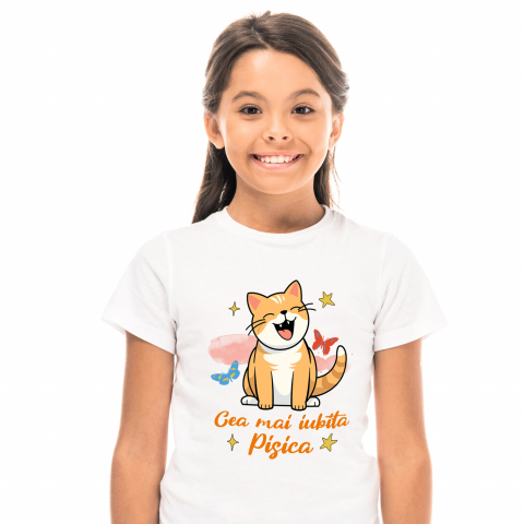 Tricou Femei, Barbati, Copii, Fata, Baiat, Unisex Personalizat Pisica Portocalie Veselă „Cea Mai Iubită Pisică” – Cadou Amuzant Pentru Iubitorii De Pisici [1]