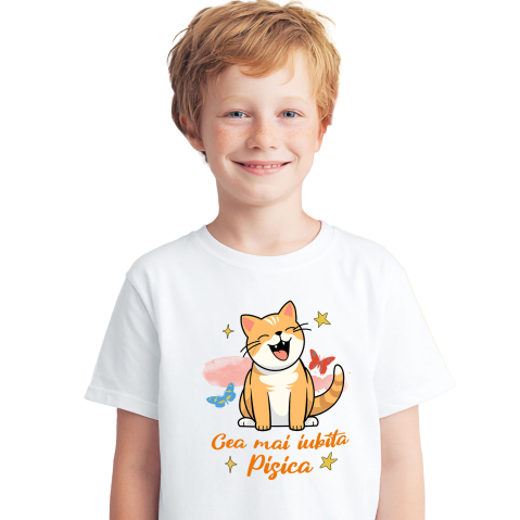 Tricou Femei, Barbati, Copii, Fata, Baiat, Unisex Personalizat Pisica Portocalie Veselă „Cea Mai Iubită Pisică” – Cadou Amuzant Pentru Iubitorii De Pisici