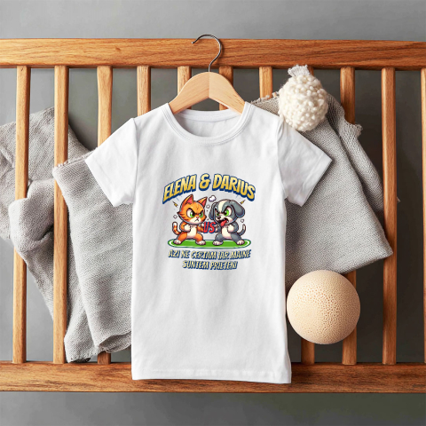 Tricou Femei, Barbati, Copii, Fata, Baiat, Unisex Personalizat "Pisica și Câine Luptă Box - Cadou Haios pentru Elena & Darius, Certuri și Prietenie" [4]