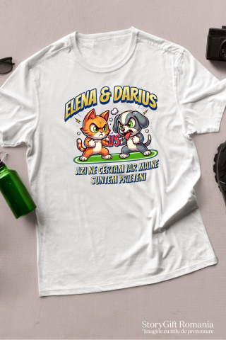Tricou Femei, Barbati, Copii, Fata, Baiat, Unisex Personalizat "Pisica și Câine Luptă Box - Cadou Haios pentru Elena & Darius, Certuri și Prietenie" [2]