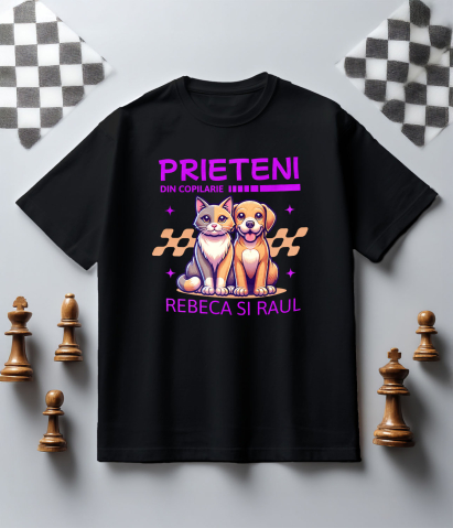 Tricou Femei, Barbati, Copii, Fata, Baiat, Unisex Personalizat Cadouri personalizate prieteni și familie – Portret cu pisica și câine pentru Rebeca și Paul [4]