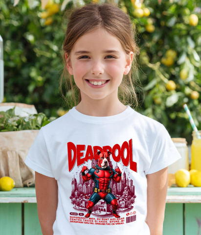Tricou Femei, Barbati, Copii, Fata, Baiat, Unisex Personalizat Pitbull În Costum de Deadpool – Câine Supererou pentru Familie și Copii [3]