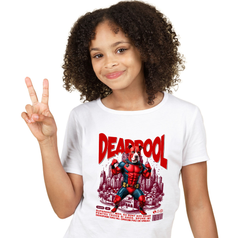 Tricou Femei, Barbati, Copii, Fata, Baiat, Unisex Personalizat Pitbull În Costum de Deadpool – Câine Supererou pentru Familie și Copii [1]