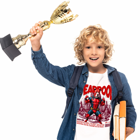 Tricou Femei, Barbati, Copii, Fata, Baiat, Unisex Personalizat Pitbull În Costum de Deadpool – Câine Supererou pentru Familie și Copii [1]