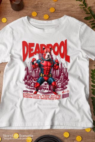 Tricou Femei, Barbati, Copii, Fata, Baiat, Unisex Personalizat Pitbull În Costum de Deadpool – Câine Supererou pentru Familie și Copii [2]