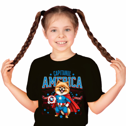 Cadouri Pentru Copii - Tricou Femei, Barbati, Copii, Fata, Baiat, Unisex Personalizat Pomeranian în Costum de Captain America cu Pelerină - Cadou Personalizat pentru Copii și Iubitorii de Câini