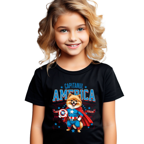 SuperEroi si Personaje TV - Tricou Femei, Barbati, Copii, Fata, Baiat, Unisex Personalizat Pomeranian în Costum de Captain America cu Pelerină - Cadou Personalizat pentru Copii și Iubitorii de Câini