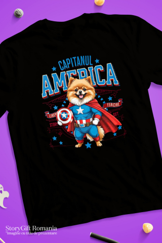 Tricou Femei, Barbati, Copii, Fata, Baiat, Unisex Personalizat Pomeranian în Costum de Captain America cu Pelerină - Cadou Personalizat pentru Copii și Iubitorii de Câini [2]