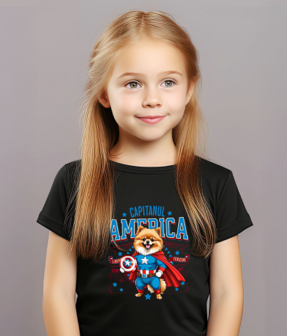 Tricou Femei, Barbati, Copii, Fata, Baiat, Unisex Personalizat Pomeranian în Costum de Captain America cu Pelerină - Cadou Personalizat pentru Copii și Iubitorii de Câini [2]