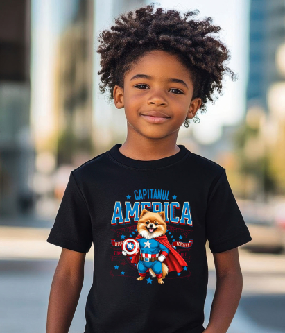 Tricou Femei, Barbati, Copii, Fata, Baiat, Unisex Personalizat Pomeranian în Costum de Captain America cu Pelerină - Cadou Personalizat pentru Copii și Iubitorii de Câini [3]