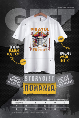 Tricou Femei, Barbati, Copii, Fata, Baiat, Unisex Personalizat Costum Pirat cu Craniu Uman, Palarie și Sabii - Piratul Fericit - Personalizat [3]