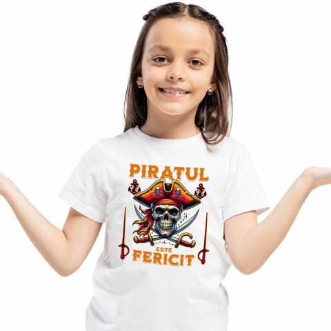 BASME - Tricou Femei, Barbati, Copii, Fata, Baiat, Unisex Personalizat Costum Pirat cu Craniu Uman, Palarie și Sabii - Piratul Fericit - Personalizat