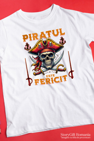 Tricou Femei, Barbati, Copii, Fata, Baiat, Unisex Personalizat Costum Pirat cu Craniu Uman, Palarie și Sabii - Piratul Fericit - Personalizat [2]