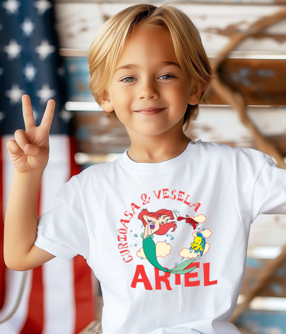 Tricou Copii cu Povesti Sub Apa cu Ariel, Racul si Pestele 100% Bumbac, Alb, 8 Ani [3]