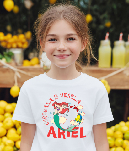 Tricou Copii cu Povesti Sub Apa cu Ariel, Racul si Pestele 100% Bumbac, Alb, 8 Ani [2]