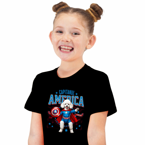 Tricou Femei, Barbati, Copii, Fata, Baiat, Unisex Personalizat Pisica Pudel în Costum de Captain America cu Pelerină - Cadou Personalizat pentru Copii și Iubitorii de Pisici [1]