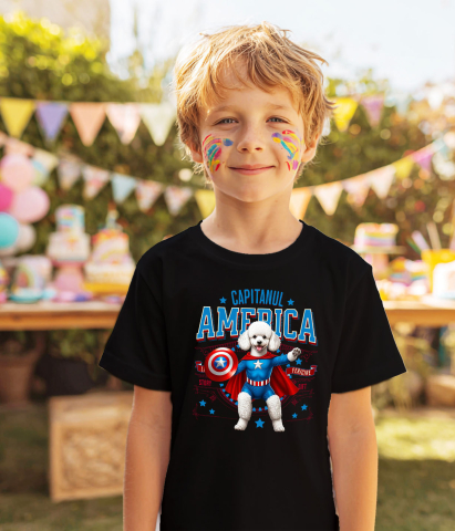 Tricou Femei, Barbati, Copii, Fata, Baiat, Unisex Personalizat Pisica Pudel în Costum de Captain America cu Pelerină - Cadou Personalizat pentru Copii și Iubitorii de Pisici [3]