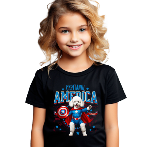 SuperEroi si Personaje TV - Tricou Femei, Barbati, Copii, Fata, Baiat, Unisex Personalizat Pisica Pudel în Costum de Captain America cu Pelerină - Cadou Personalizat pentru Copii și Iubitorii de Pisici