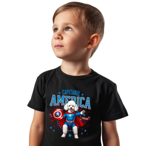 Tricou Femei, Barbati, Copii, Fata, Baiat, Unisex Personalizat Pisica Pudel în Costum de Captain America cu Pelerină - Cadou Personalizat pentru Copii și Iubitorii de Pisici [1]