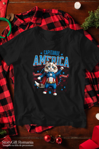 Tricou Femei, Barbati, Copii, Fata, Baiat, Unisex Personalizat Pisica Ragdoll în Costum de Captain America cu Pelerină - Cadou Personalizat pentru Copii și Iubitorii de Pisici [2]