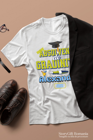 Tricou Femei, Barbati, Copii, Fata, Baiat, Unisex Personalizat Rechizite Școlare Personalizate & Toca Absolvire pentru „Absolvent de Grădiniță Alexandra” [2]
