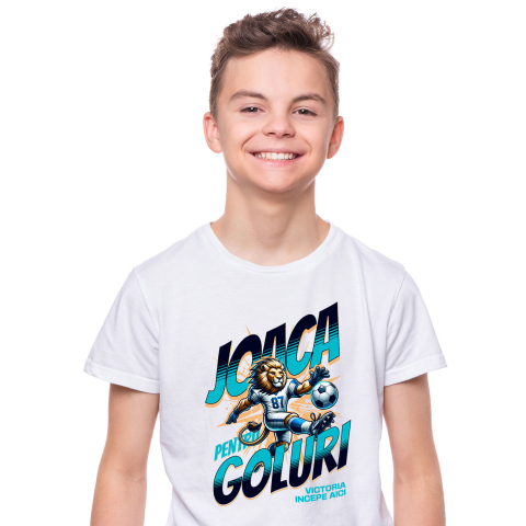 Sport - Tricou Femei, Barbati, Copii, Fata, Baiat, Unisex Personalizat Regele Leu Jucător Fotbal – Uniformă Albastră și Lovitură Minge Motivatională