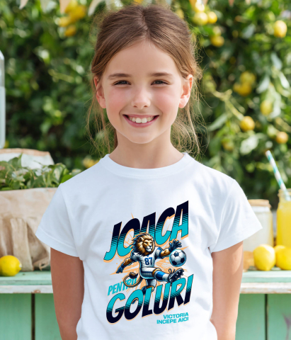 Tricou Femei, Barbati, Copii, Fata, Baiat, Unisex Personalizat Regele Leu Jucător Fotbal – Uniformă Albastră și Lovitură Minge Motivatională [3]