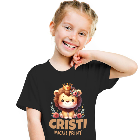 Tricou Femei, Barbati, Copii, Fata, Baiat, Unisex Personalizat Regele Leu Pui cu Coroana Regală și Flori Colorate - Cadouri Personalizate pentru Copii și Familie [1]