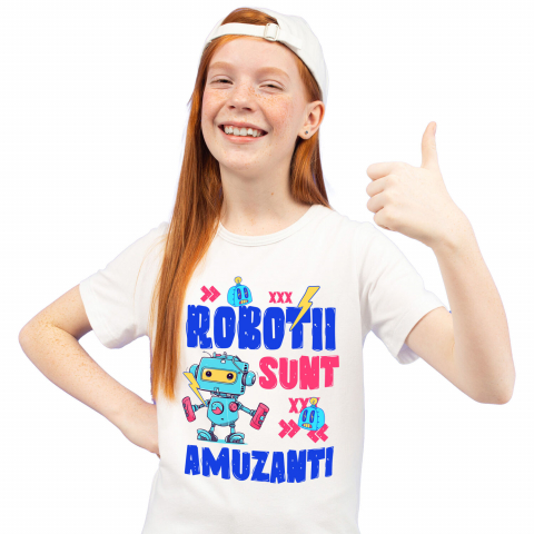 Tricouri - Tricou Femei, Barbati, Copii, Fata, Baiat, Unisex Personalizat Robot Metalic Colorat – Cadou Personalizat „Robotii Sunt Amuzanti” pentru Copii și Tati