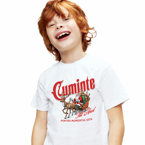 CRACIUN - Tricou Femei, Barbati, Copii, Fata, Baiat, Unisex Personalizat Sania lui Moș Crăciun Trasă de Reni – Haios și Cuminte tot Anul pentru Momentul Asta