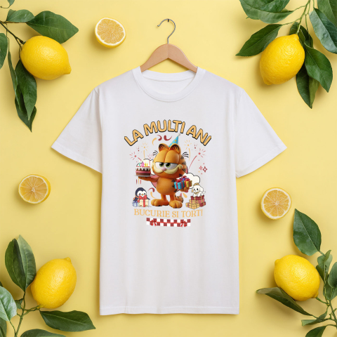 Tricou Copii cu Sarbatorește cu Garfield – Cadouri și Tort pentru Copii 100% Bumbac, Alb, 12 Ani [4]