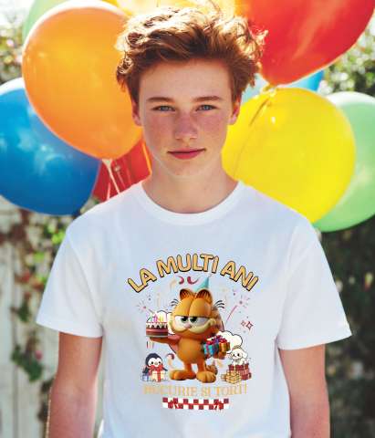 Tricou Copii cu Sarbatorește cu Garfield – Cadouri și Tort pentru Copii 100% Bumbac, Alb, 12 Ani [2]