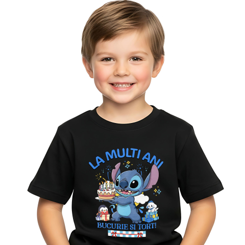 Aniversare - Tricou Copii cu Sarbatoreste cu Stitch – Cadouri si Tort pentru Copii 100% Bumbac, Negru, 10 Ani