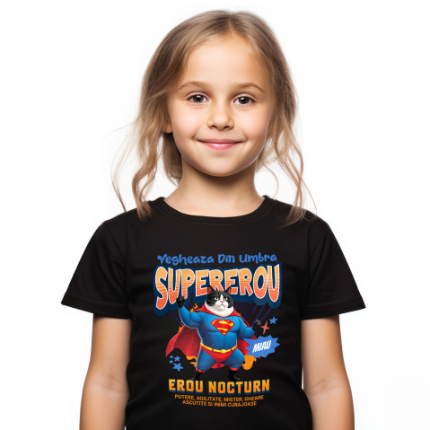 Tricou Femei, Barbati, Copii, Fata, Baiat, Unisex Personalizat Scottish Fold în Costum de Superman – Cadoul Perfect pentru Iubitorii de Pisici