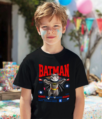 Tricou Femei, Barbati, Copii, Fata, Baiat, Unisex Personalizat Scottish Fold în Costum de Batman – Supereroul Perfect pentru Copii și Iubitorii de Pisici [2]